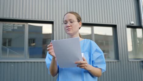 Brunette-scientist-or-doctor-overlooking-document-report-near-clinic-building