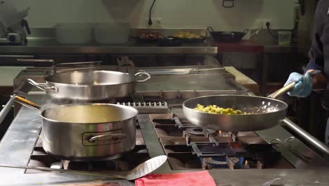 chef's hands enters in peaceful kitchen to shake cooking pan