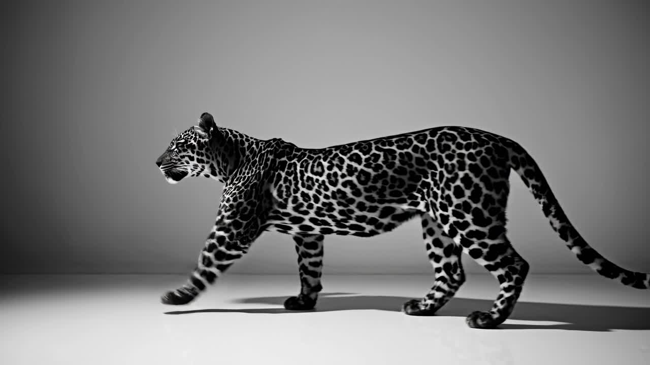 Video of a sleek black and white leopard walking gracefully in a minimalist setting