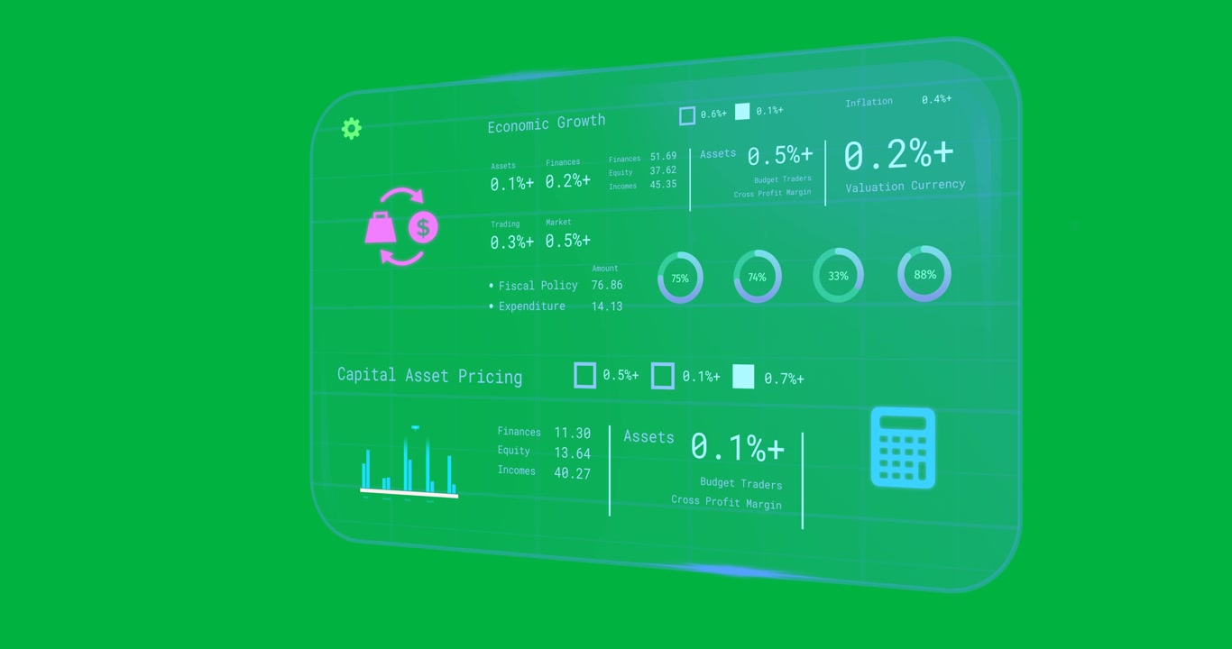 Animation von Bildschirmen mit Daten auf transparentem Hintergrund.