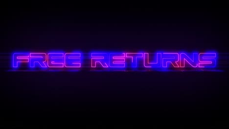 Flashing-FREE-RETURNS-electric-blue-and-pink-neon-Sign-flashing-on-and-off-with-flicker,-reflection,-and-anamorphic-lights-in-4k