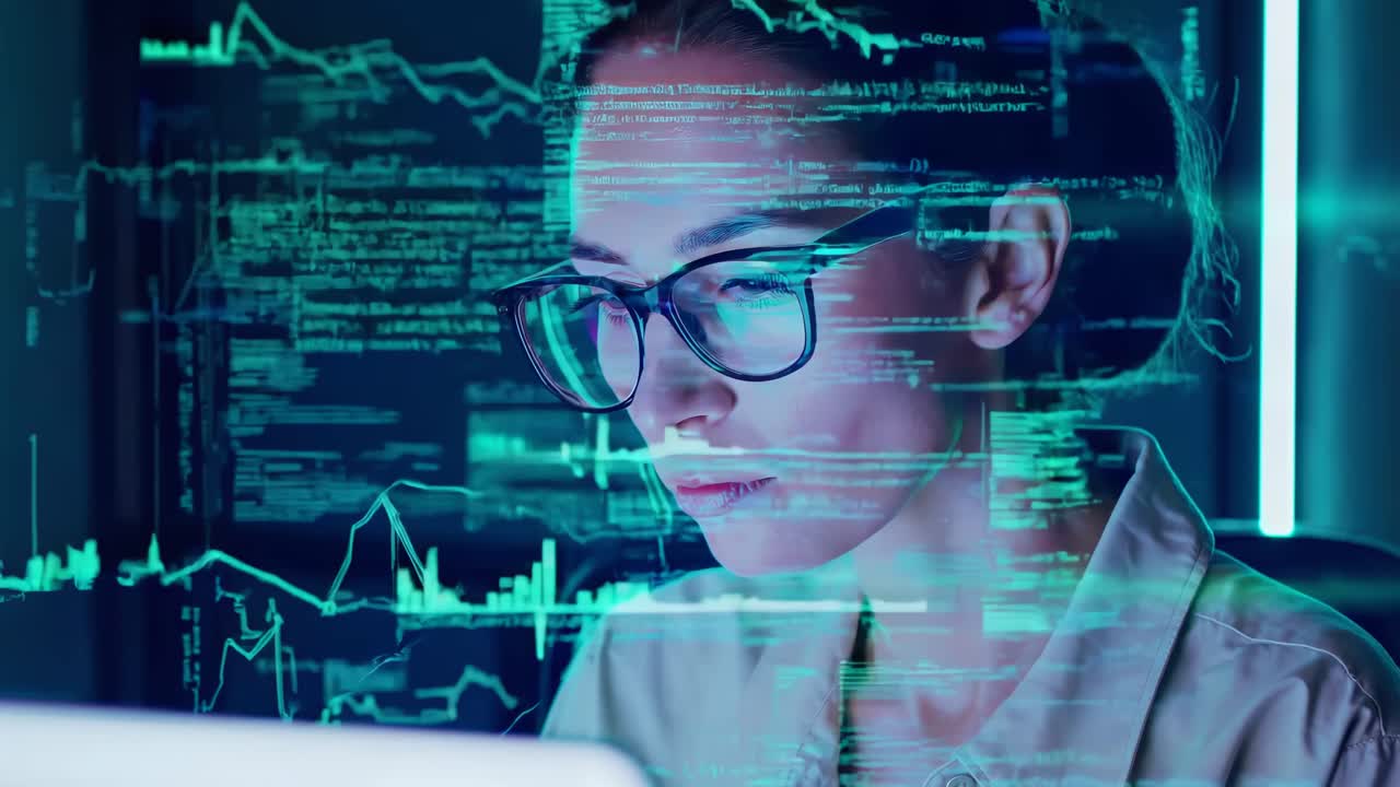 A close-up angle of a woman analyzing data on a screen, with digital overlays