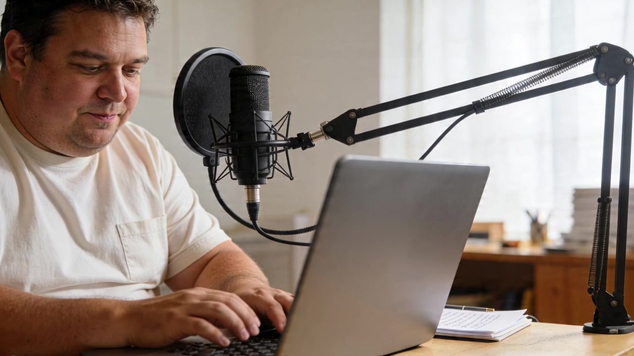 Typing man wearing light tee glancing at microphone while checking audio with laptop at home desk