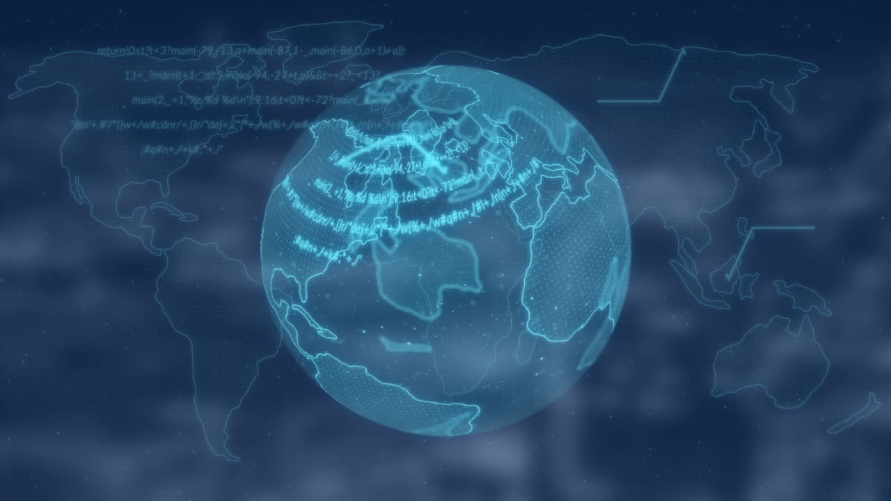 데이터 처리의 애니메이션과 흐릿한 배경 위의 지구