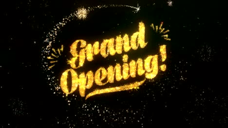 grand opening greeting and wishes card made from glitter particles and sparklers light dark night sky with colorful firework 4k background.