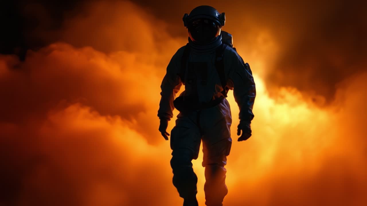Astronauta Abraçando a Aventura em Meio a Nuvens Flamejantes, Capturando a Essência da Exploração Espacial e da Determinação Humana em um Visual Intenso e Cativante
