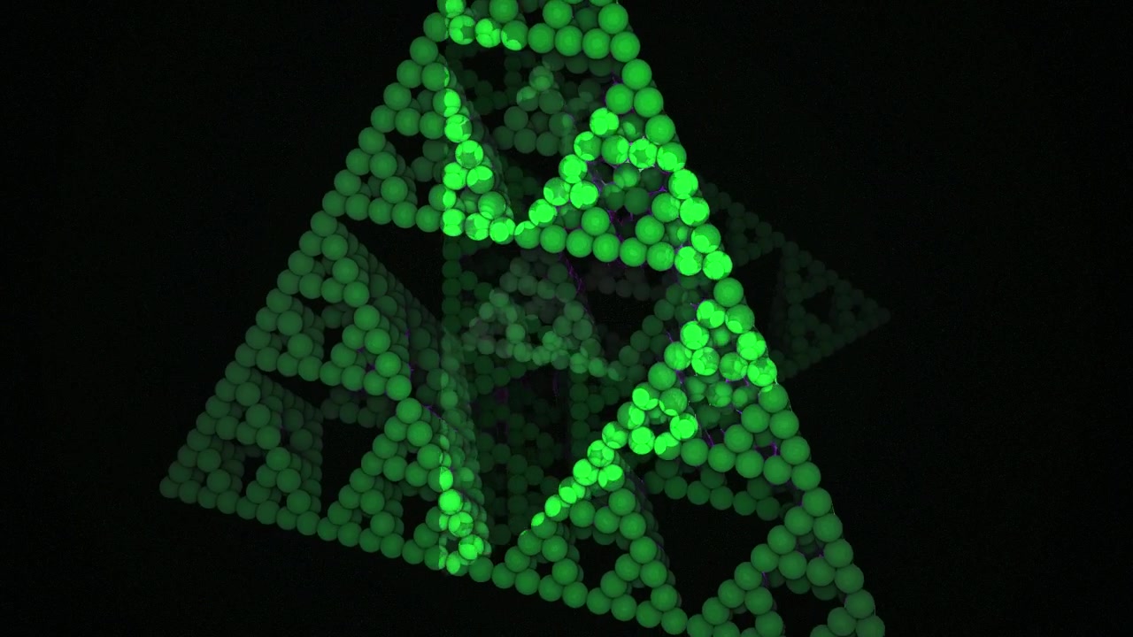 Abstract 3D Fractal Pyramid Rotating with Glowing Pink and Green Spheres