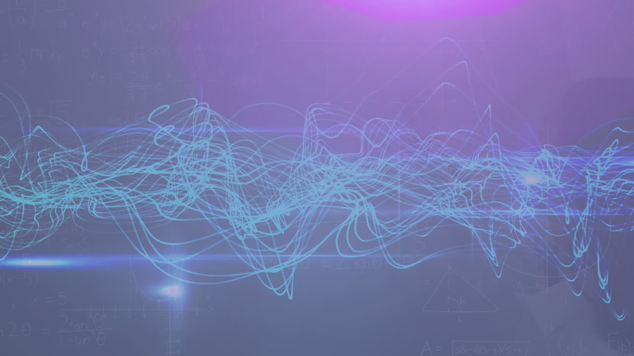 Animation of blue wavy lines and blue light spot against purple background