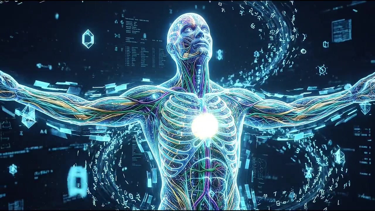 Digital human skeleton with flowing nerves and glowing chest core in futuristic data space