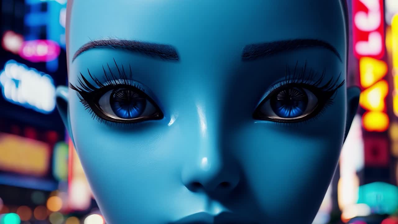 retrato en primer plano de una mujer de piel azul con ojos azules brillantes