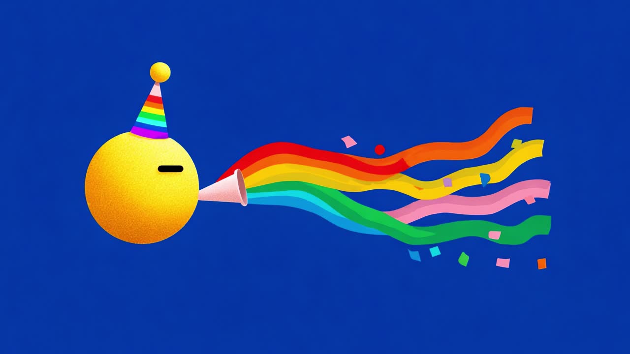 A vibrant and cheerful celebration scene featuring a yellow smiley face wearing a colorful party hat, blowing colorful confetti and rainbow streams in a festive atmosphere
