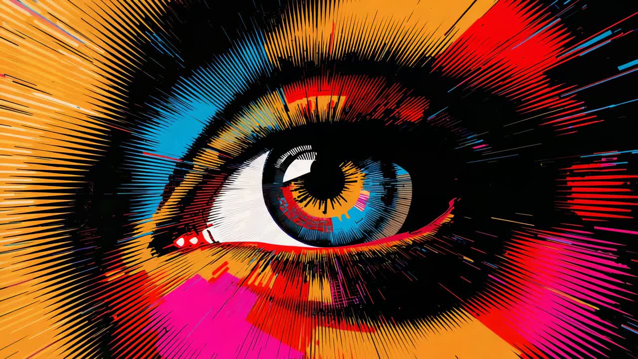 Pulsing stylized eye expanding after playback starts in black field, with colorful radial strokes