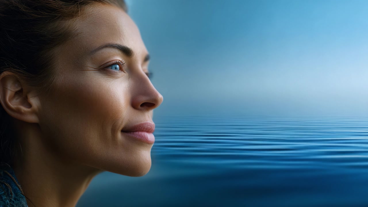 A serene woman gazes thoughtfully towards the calm ocean, embodying tranquility and contemplation in the ethereal blue backdrop of a peaceful seascape.