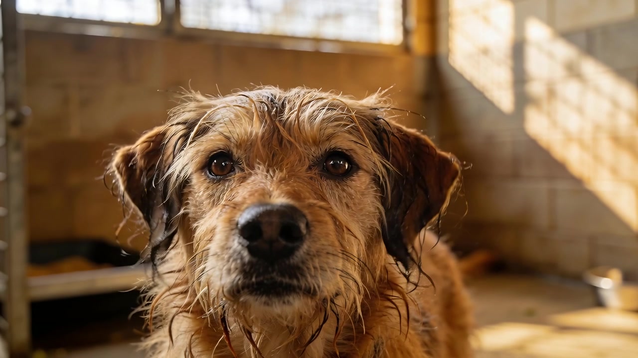Reagendo alla luce del sole dalle finestre con sbarre, un terrier bagnato alza la testa e volge lo sguardo in una cuccia piastrellata.