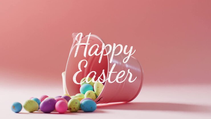 Animation of happy easter text over colourful easter eggs and pink bucket on pink background