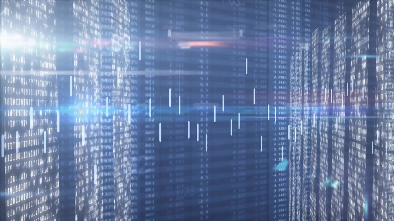 On start numeric panels scrolling, red bar hovering, bars shifting with blue streak showing data