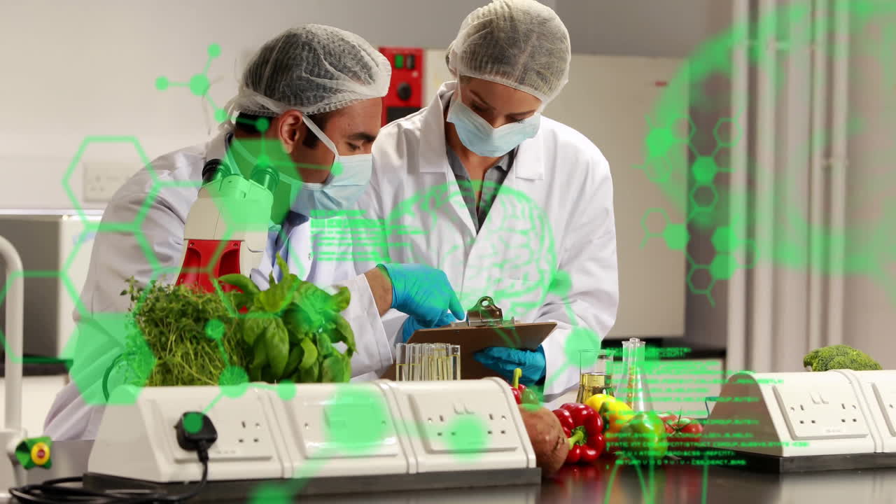 анимация химических формул и обработка данных над различными учеными, работающими в лаборатории