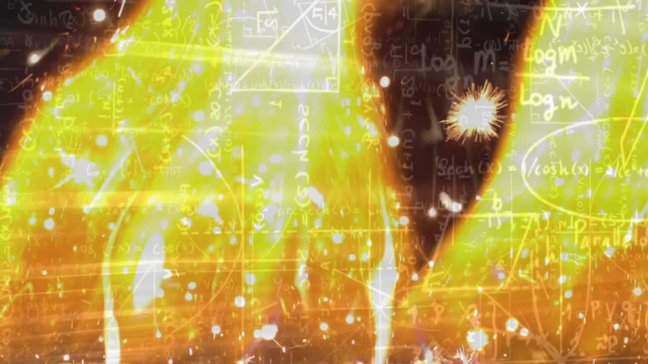 Glowing abstract shape floating center stage, displaying yellow flares and drifting math formulas