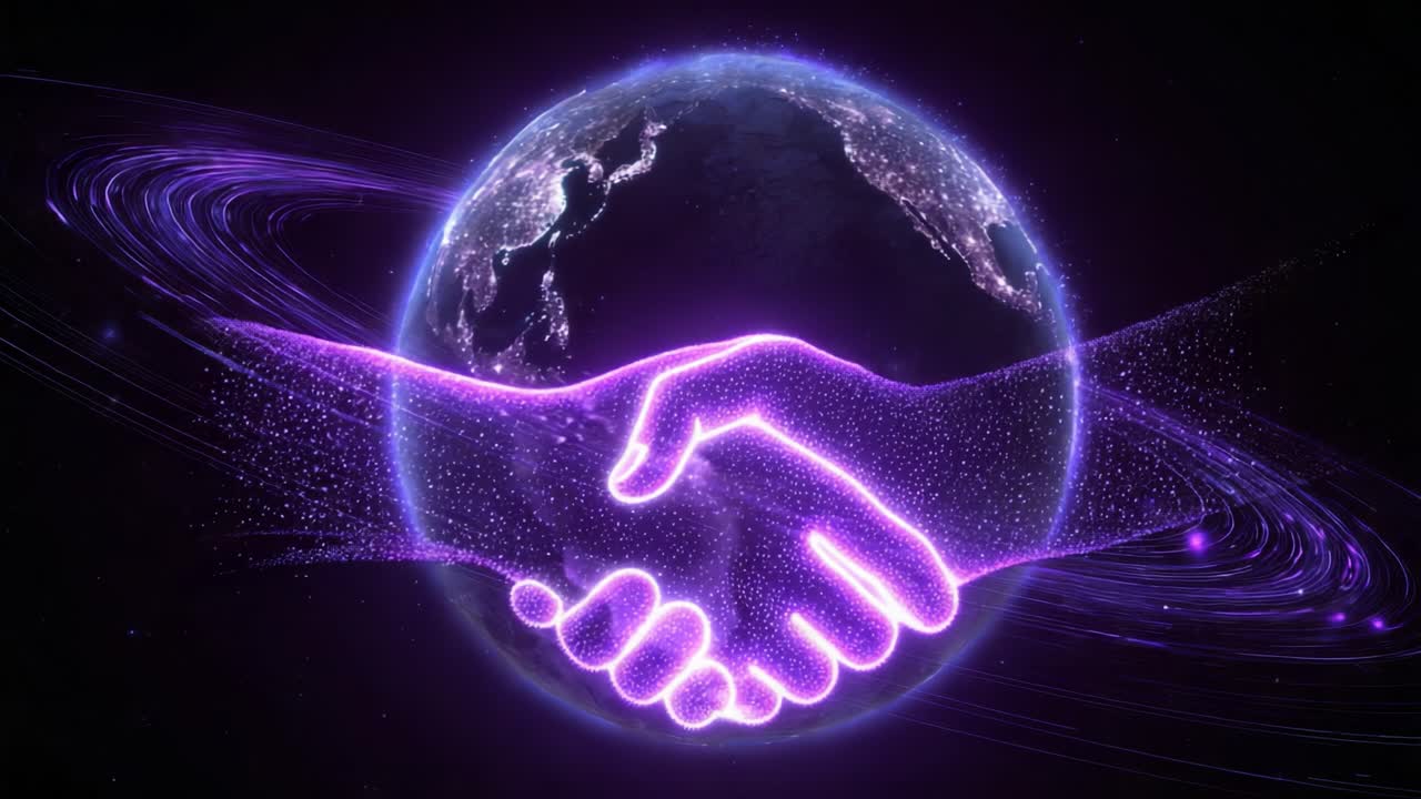 Un simbolo cosmico di unità: una stretta di mano realizzata ad arte che rappresenta la cooperazione e la connessione globale, circondata da elementi cosmici eterei e dal vibrante pianeta Terra sullo sfondo