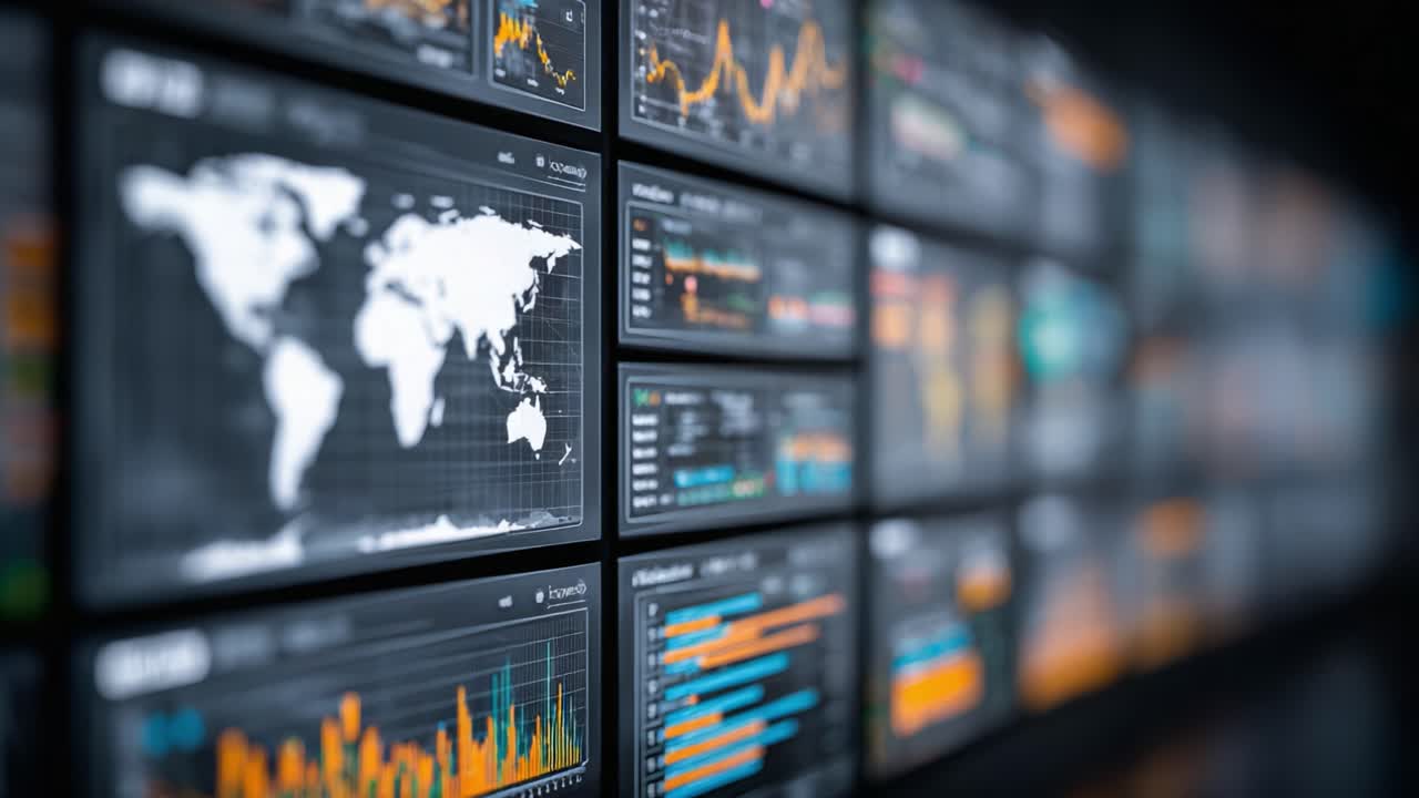 Dynamic Display of Financial Data and Analytics on a Multi-Screen Dashboard Featuring Global Maps and Real-Time Graphs