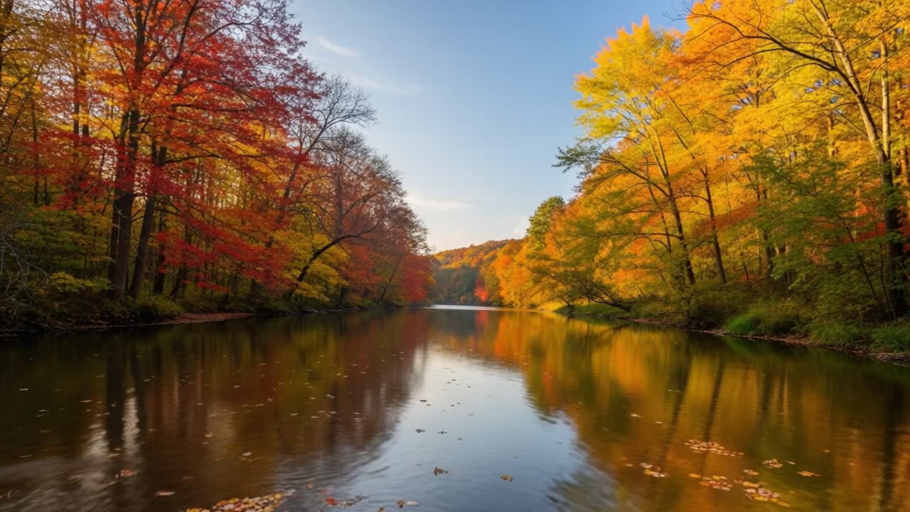Captivating Autumn Reflection: A Serene River Journey Through Colorful Foliage Showcasing Vibrant Fall Leaves and Tranquil Waters Under a Blue Sky