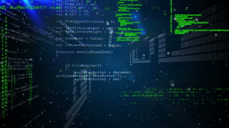 Animation of data processing on dark background