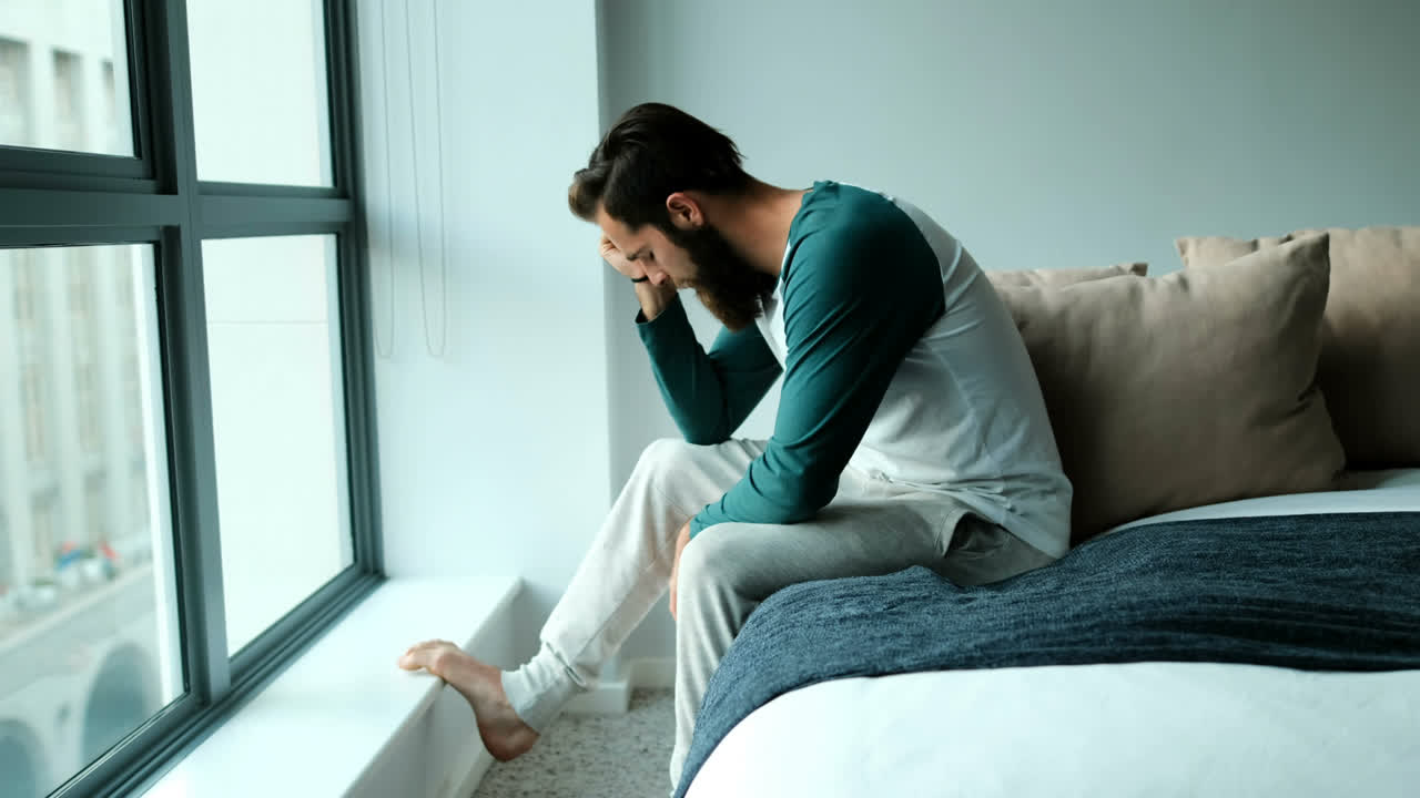 Homem preocupado sentado na cama 4K