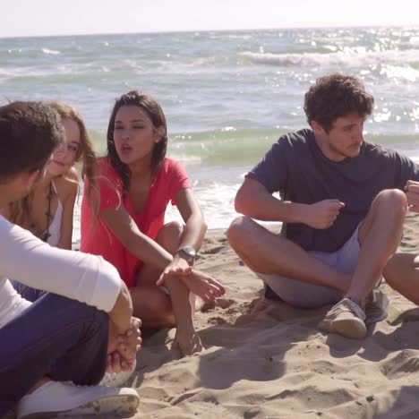 group of diverse young friends chatting on a beach