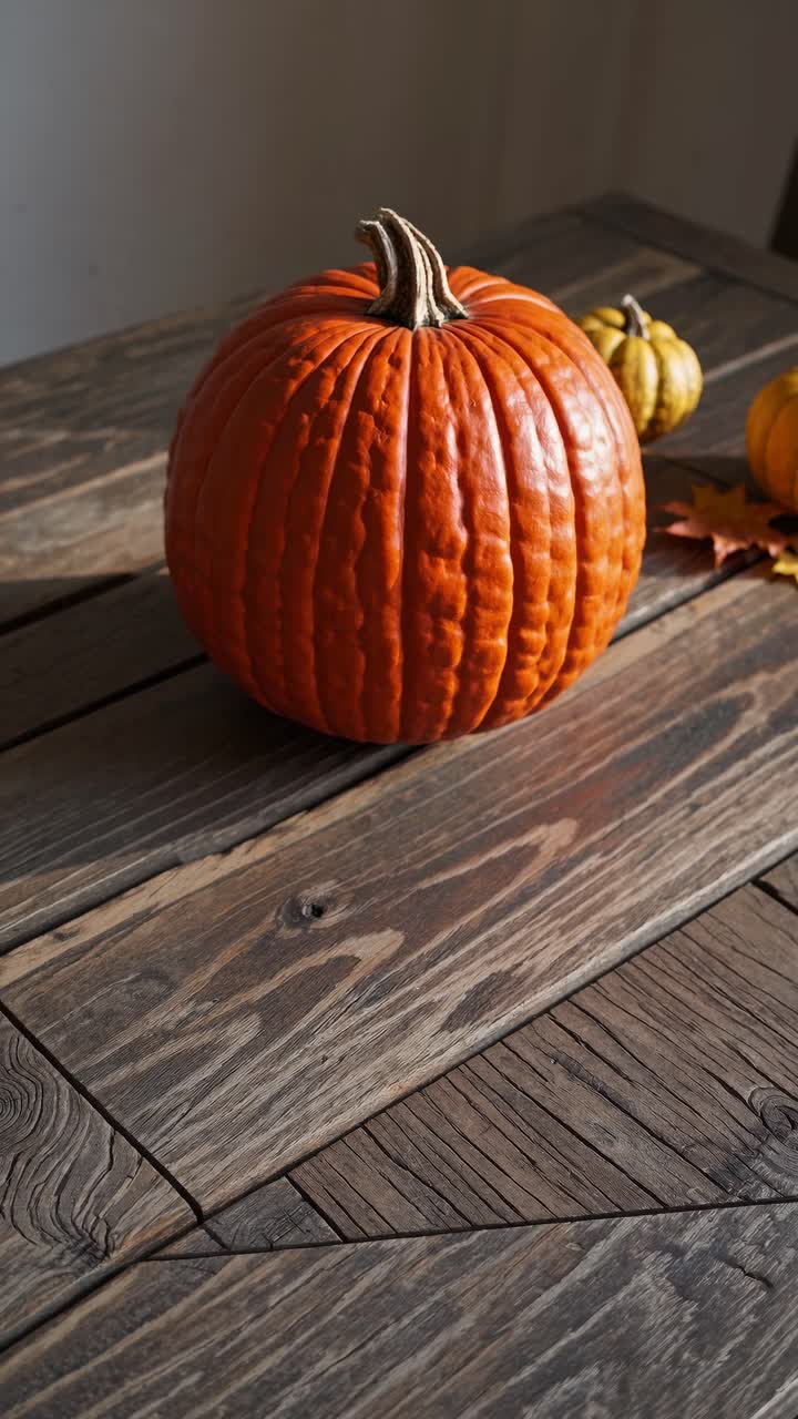A rustic video scene featuring a large pumpkin on a wooden table