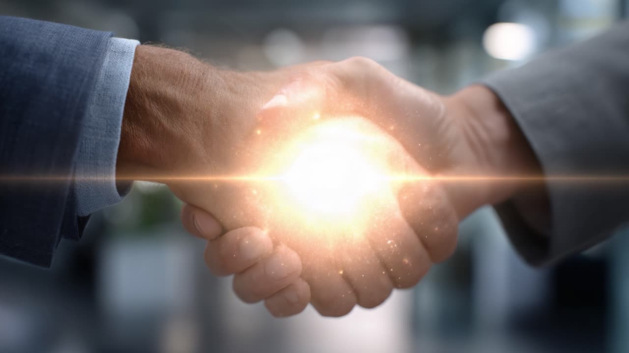 A Powerful Handshake Symbolizing Partnership, Trust, and Mutual Agreement Between Two Professionals in an Office Setting with a Dynamic Visual Effect