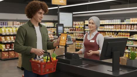 a young shopper at a supermarket checkout demonstrating qr code payment with a smartphone while the cashier looks on engaged in the transaction