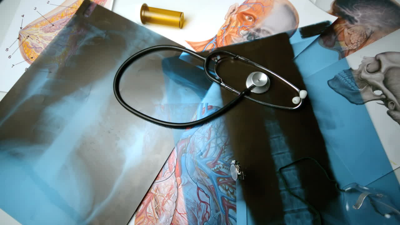 reloj de bolsillo cayendo sobre diagramas de rayos x y equipos médicos