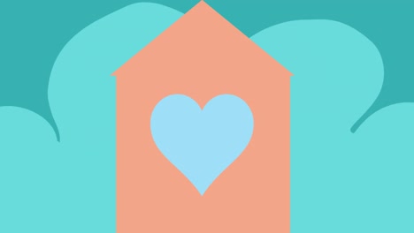 animation of pink house with heart on green background