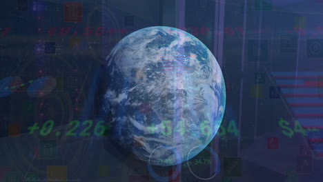 animation of statistical data processing over spinning globe against computer server room