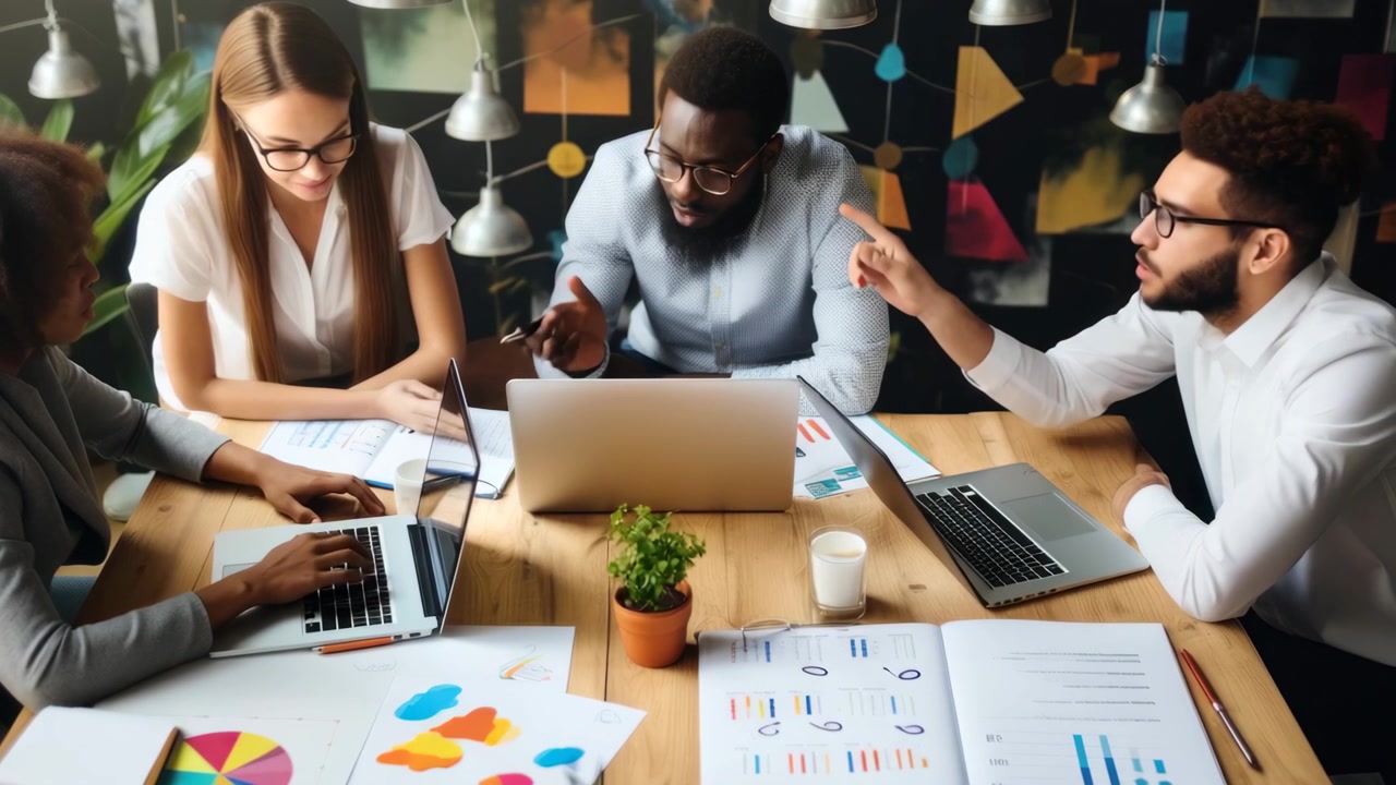 Diverse Business Team Collaborating and Discussing Data in Office