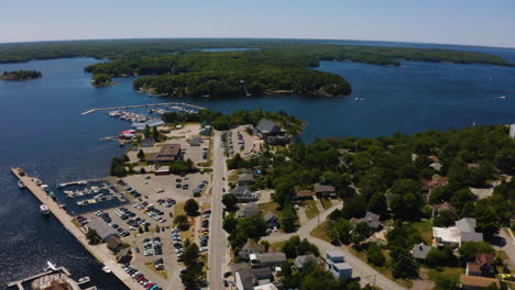 cinematic aerial view of the parry sound waterfront on the shores of georgian bay, ontario