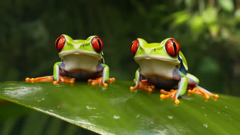 two red-eyed tree frogs perched on a green leaf