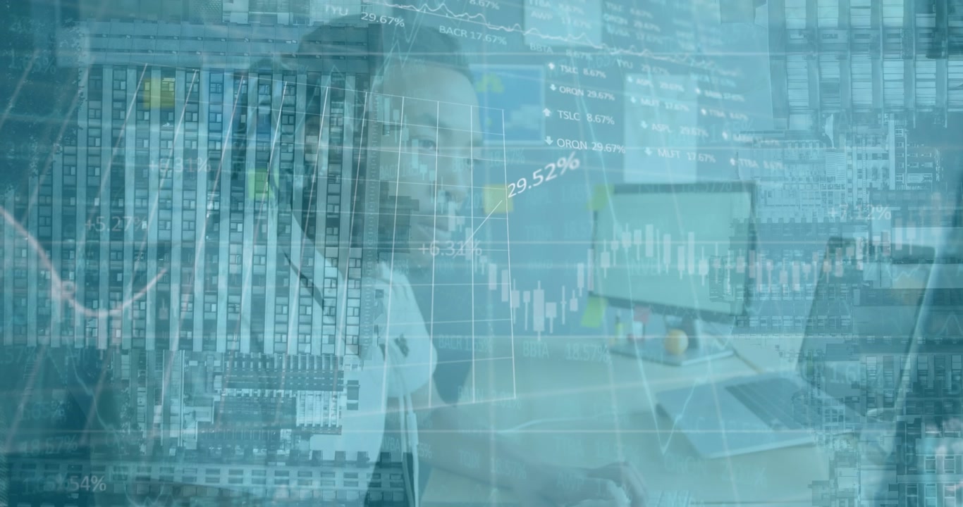 Animation of financial data processing over african american businessman using computer at office
