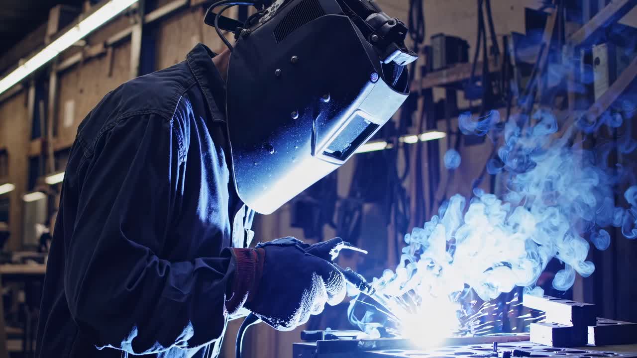 Low-angle shot of a welder in a workshop, capturing sparks and smoke