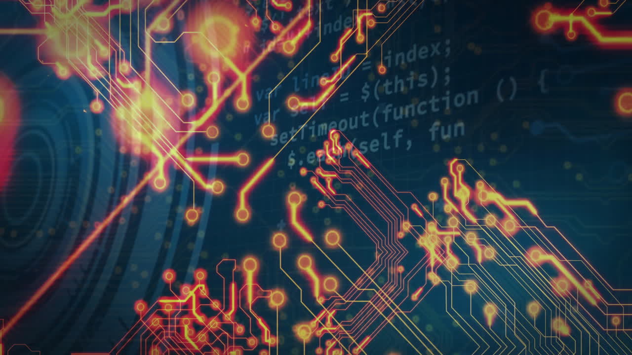 Orange-red nodes glowing and connecting in abstract interface, with neon yellow and pink traces