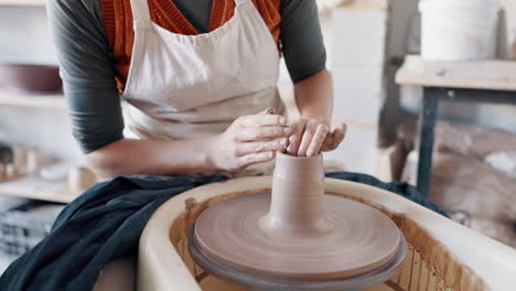 pottery wheel, woman and sculpture in artist