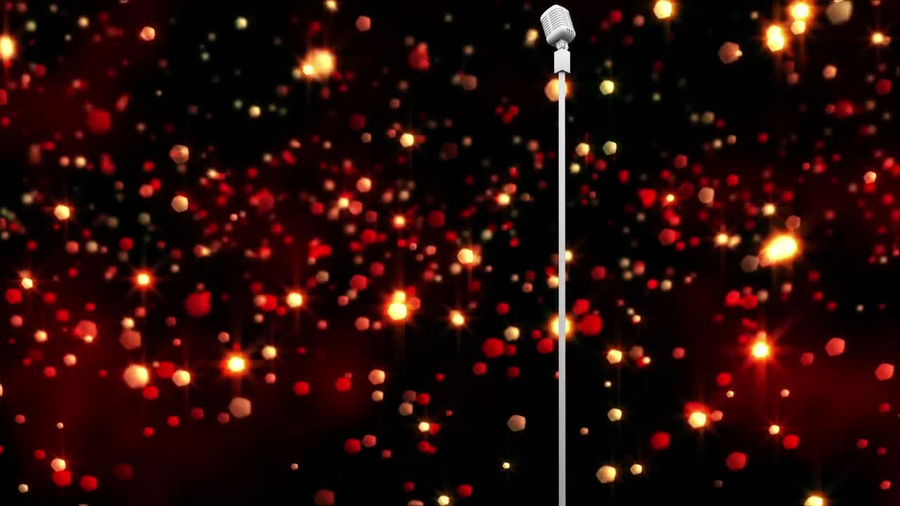 어두운 배경 에 있는 마이크 위 에 반 ⁇ 이는  ⁇ 은 빛 이 날아다니는 애니메이션