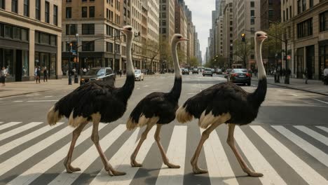 Surreal video concept of ostriches crossing a city street