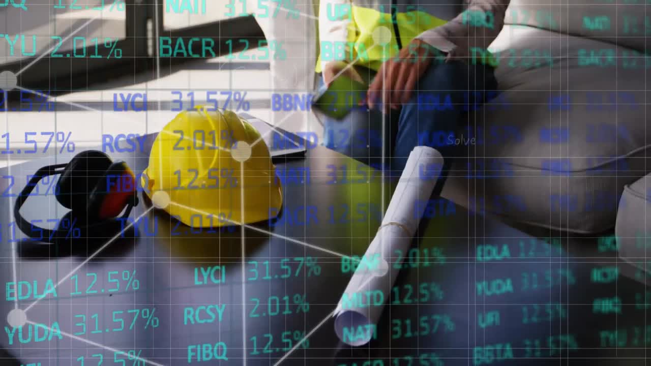 Stock market data processing against female architect using smartphone