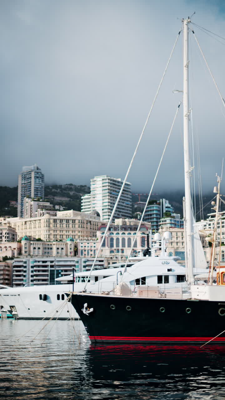 Vista delle barche ormeggiate nel porto turistico di Monaco con lo skyline della città sullo sfondo