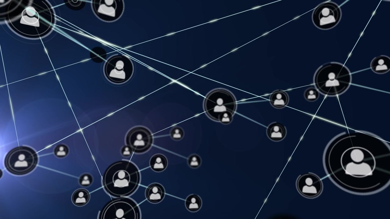 Animazione di una rete di connessioni con icone di persone su sfondo blu.
