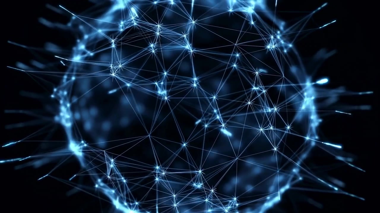 A static display of a network structure in a digital environment, featuring blue and black nodes and connections. The neutral viewpoint highlights the technological mood and modern design.