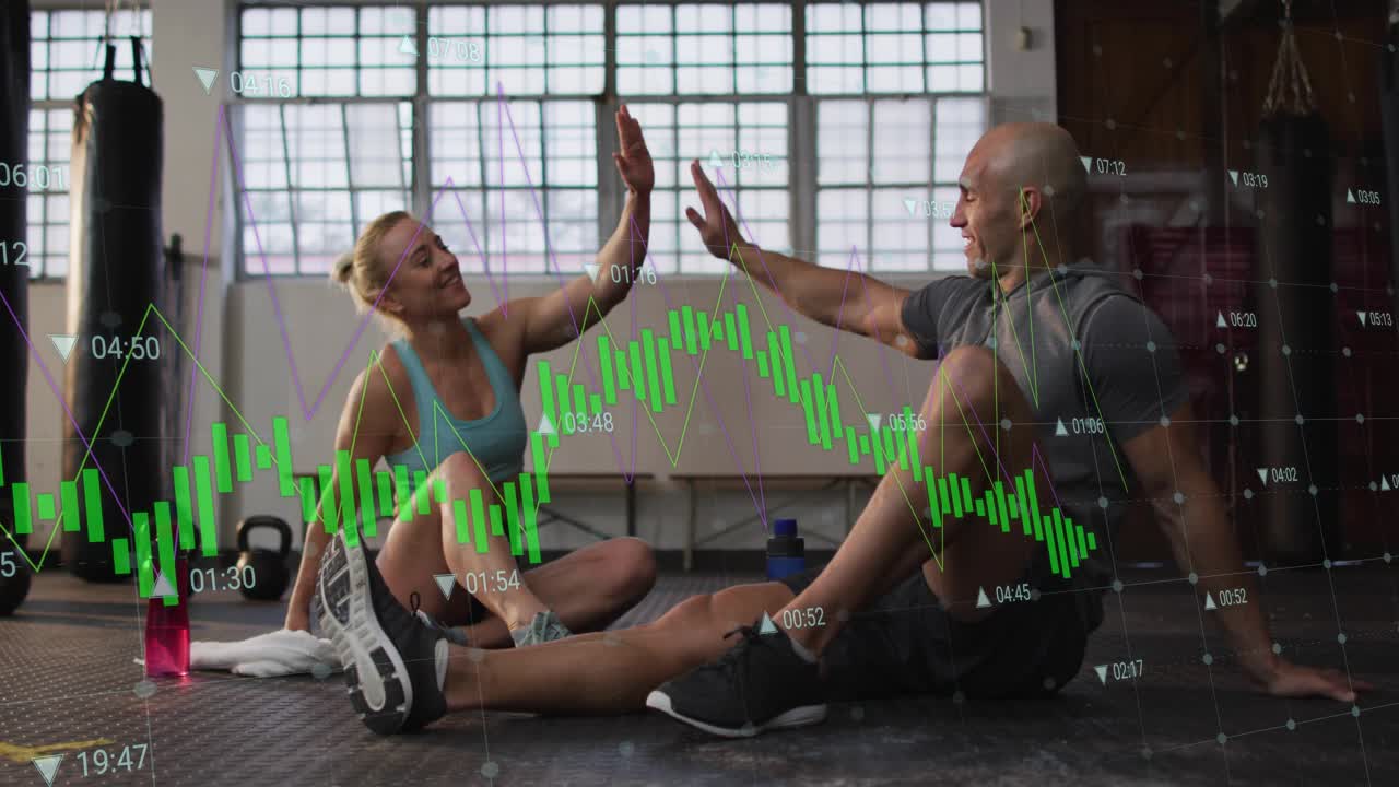 Woman shifting, speaking gym duo resting postworkout highfiving green graph moving over them