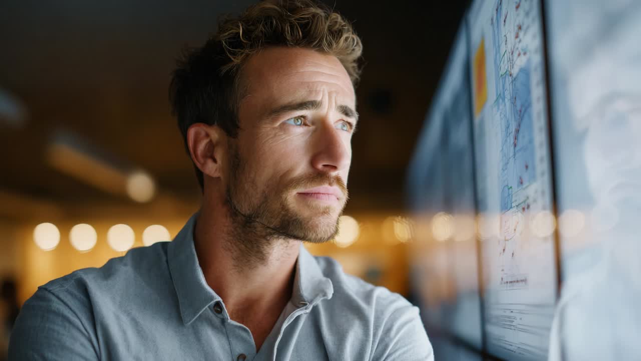 A contemplative moment captured in a well-lit environment, showcasing a thoughtful man gazing at digital displays, embodying focus, introspection, and engagement with modern technology and innovation