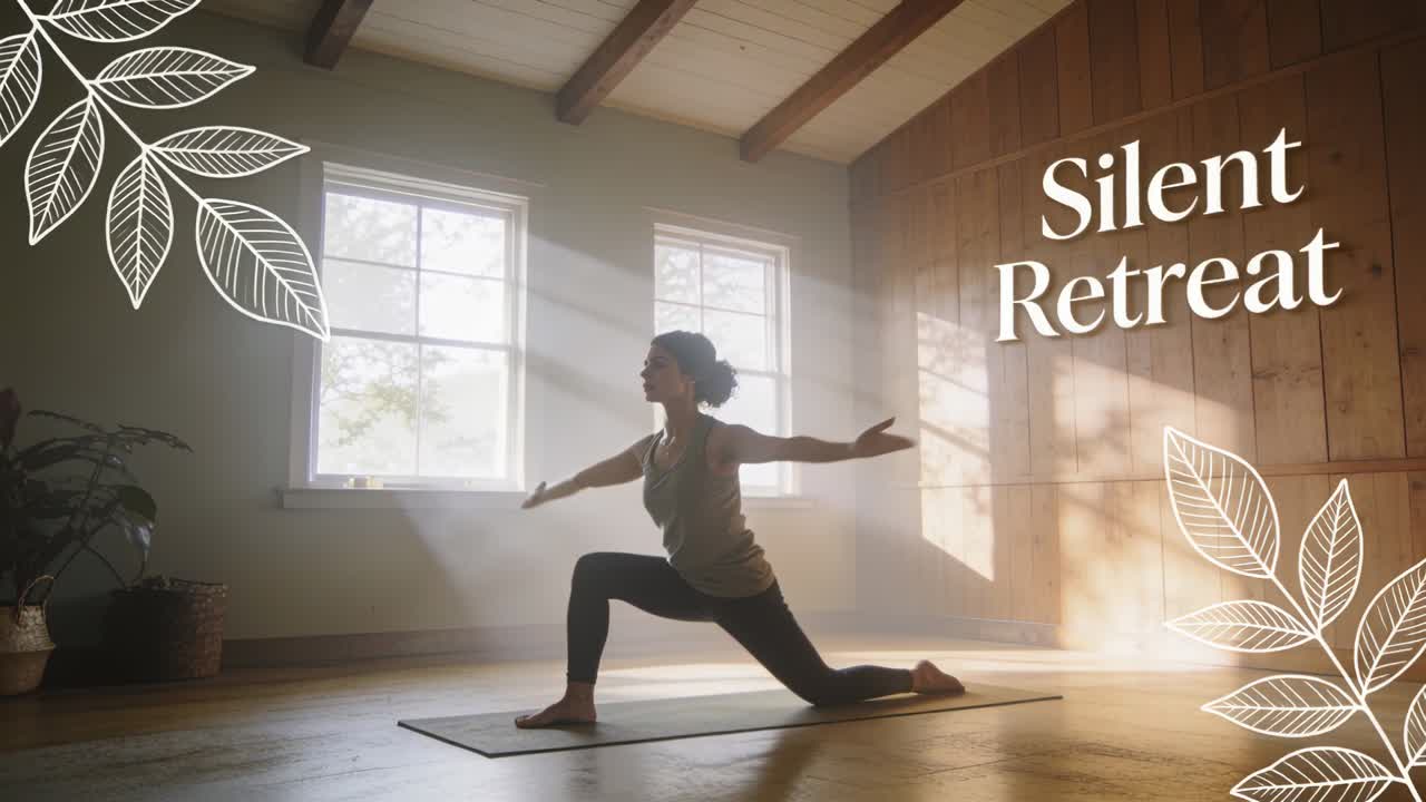 Yogi che pratica in leggings e top, passando fluidamente dall'affondo alla posizione eretta mentre un raggio di sole illumina il tappetino per il "Ritiro Silenzioso".